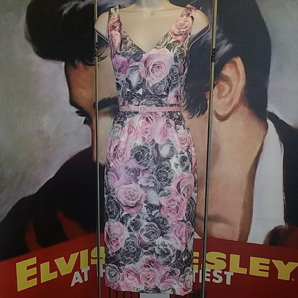 Tatyana Pink Grey Roses Pencil Dress w Belt Wiggle